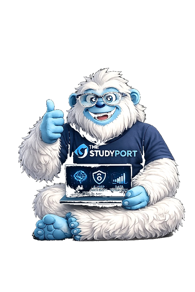The StudyPort mascot - a friendly yeti giving a thumbs up with a laptop showing AI, Cyber Security, and Data Analytics